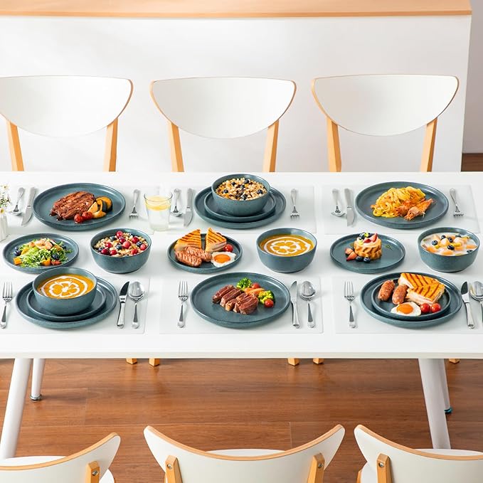 vancasso Plates and Bowls Sets, 18 Pieces Stoneware Dinnerware Set for 6, Ceramic Dish Set for Kitchen, Microwave and Dishwasher Safe, Smoky Teal, Series ZERMATT