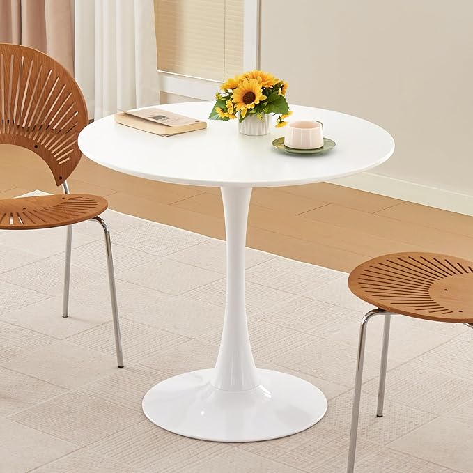Round Dining Table, 31.5" Circle Tulip Table with Thickened Tabletop & Metal Pedestal, Mid Century Modern Bistro Table for Kitchen, Small Places, Living Room, Cafe (White)