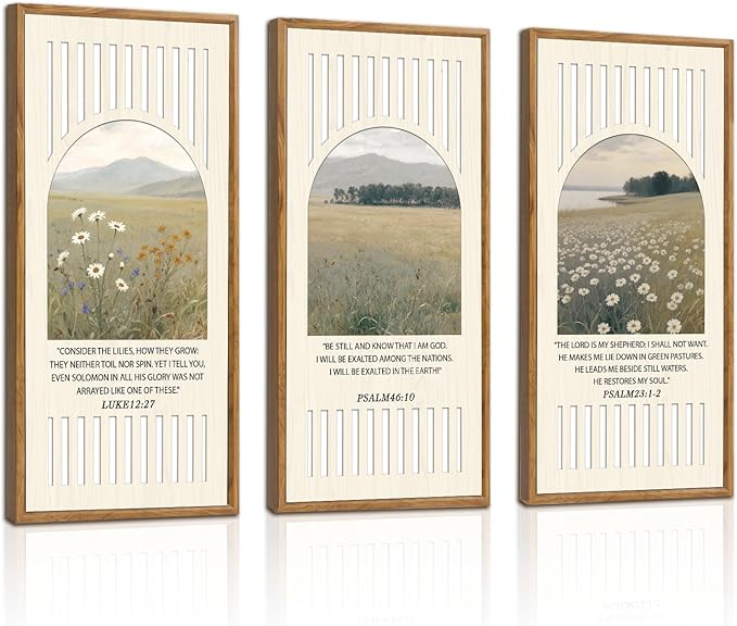 IARTTOP 3Pcs Bible Verse Flowers Framed Wall Art Christian Scripture Wood Wall Decor Jesus Religious Natural Landscape Art Prints for Church Prayer Christian Living Room Decor 8 x16 Inch