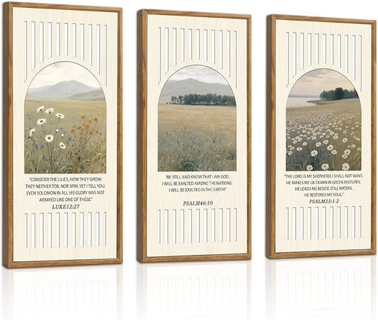 IARTTOP 3Pcs Bible Verse Flowers Framed Wall Art Christian Scripture Wood Wall Decor Jesus Religious Natural Landscape Art Prints for Church Prayer Christian Living Room Decor 8 x16 Inch