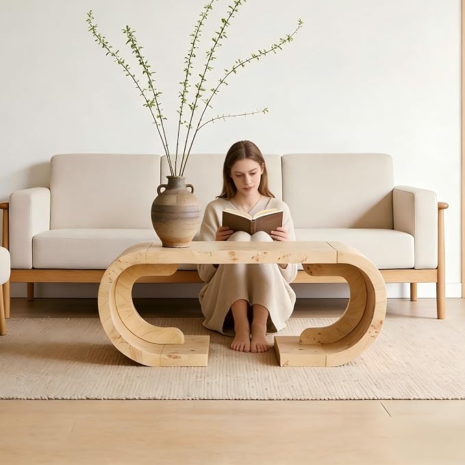 SSLine Mid-Century 47.24" Curved Coffee Table with Pedestal Base Burl Wood Veneer Natural Grain Top Center Table C-Shaped Center Tables for Living Room Bedroom