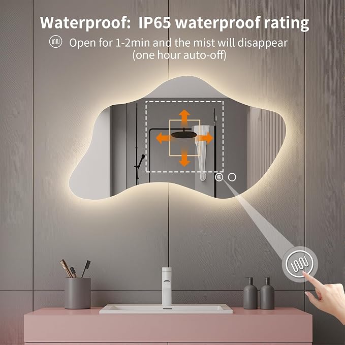 35.8in Asymmetrical Bathroom Mirror with Lights, LED Irregular Wall Mirror, Abstract Modern Lighted Vanity Mirror for Wall, Anti-Fog, Dimmable, Horizontal/Vertical