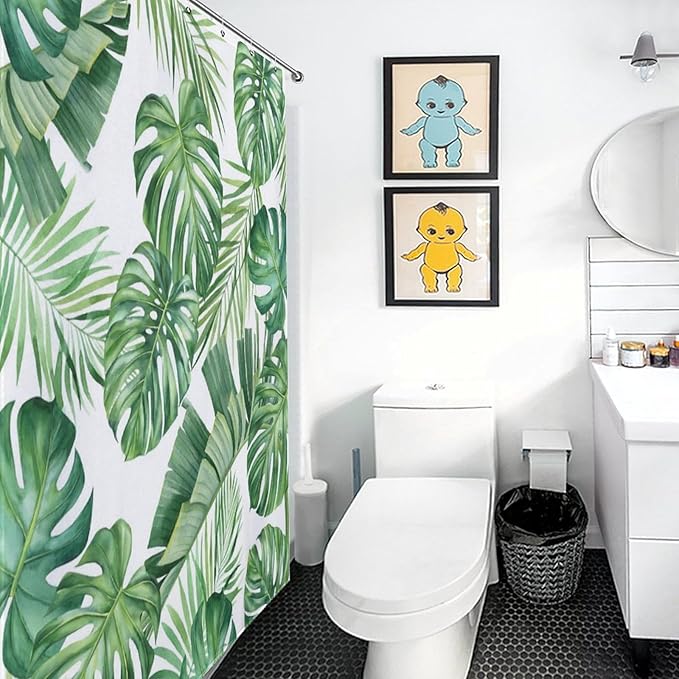 Tropical Leaves Shower Curtain,Mid Century Green Palm Banana Leaf Plant Botanical Shower Curtains for Bathroom Waterproof Polyester Fabric Bathroom Curtain,72x72Inch