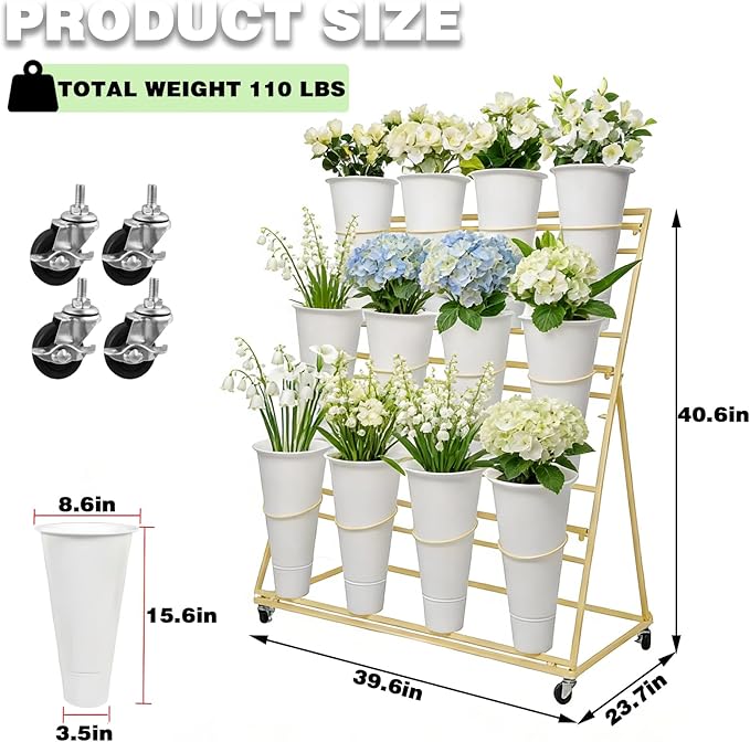 3-Tier Flower Display Stand with 12 Buckets, Heavy Duty Metal Flower Plant Cart with Wheels, Indoor Large Capacity Flower Bar Florist bucket Rack, Moving Florist Bouquet Shelf for Wedding Garden (C, 39.6*23.7*40.6in)