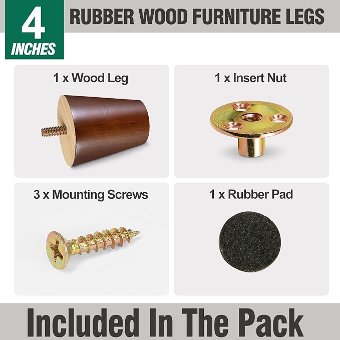 FoDau770 Brown Rubber Wood Furniture Legs 4 Inches, 5/16" UNC Straight Tapered Wood Feet Mid Century Sofa Legs, Wooden Furniture Feet Replacement Parts for Cabinet Couch Dresser Chair Ottoman Table