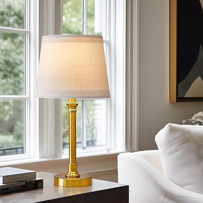 Oneach 19.5'' Gold Table Lamp for Living Room Nightstand Modern Lamps Brass Table Lamp for Bedroom Metal Bedside Lamp with White Drum Shade