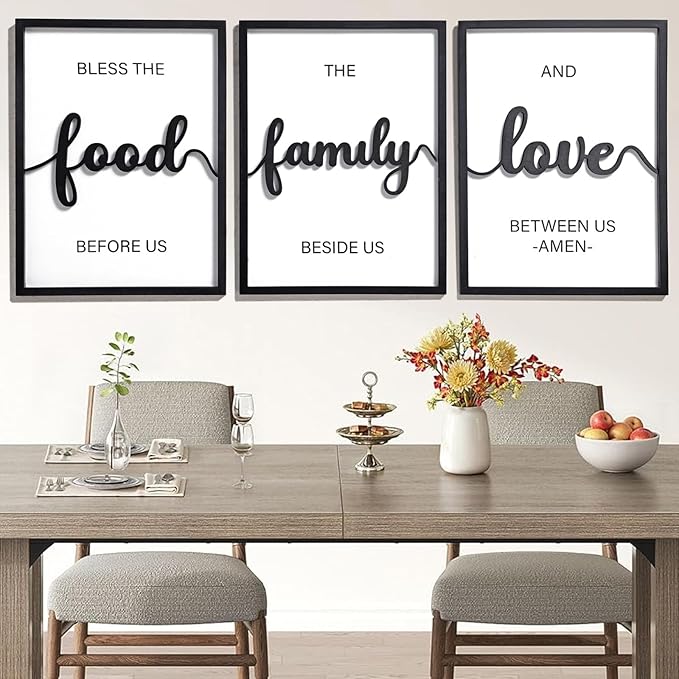 3D Wood Bless The Food Before Us Wall Decor, 36" x 16" Framed Kitchen Wall Art for Dining Room Wall Decor(Ready to Hang, 12x16 inches, Set of 3, Framed)