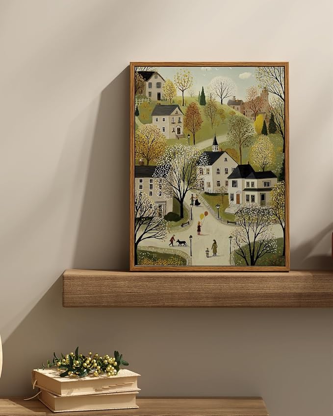 InSimSea Vintage Framed Folk Wall Art, Village Quaint Town Landscape Canvas Painting, Waterproof Moisture-Resistant Home Decor for Living Room Bedroom and Office 12x16 Inch