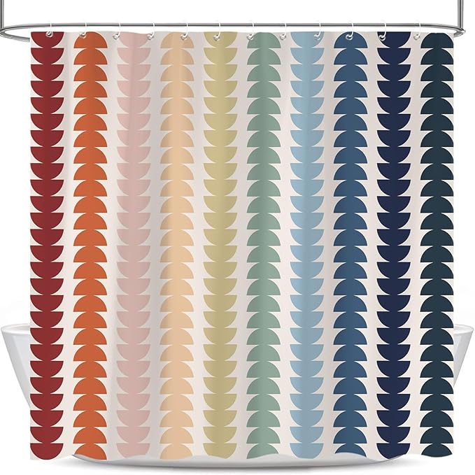 Modern Geometric Shower Curtain, Vintage Rainbow Mid-Century Abstract Art Design Bath Curtains for Bathroom, Colorful Semicircular Pattern Waterproof Polyester Fabric Bathroom Set 12 Hooks 72X72IN