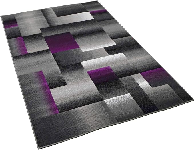 HR 5’ x 7’ Rug in Purple - Premium Quality Purple/Black/Gray Abstract Geometric Modern Squares Pattern Area Rug - Contemporary Styling for Living Room, Bedroom - Unique Home Decor