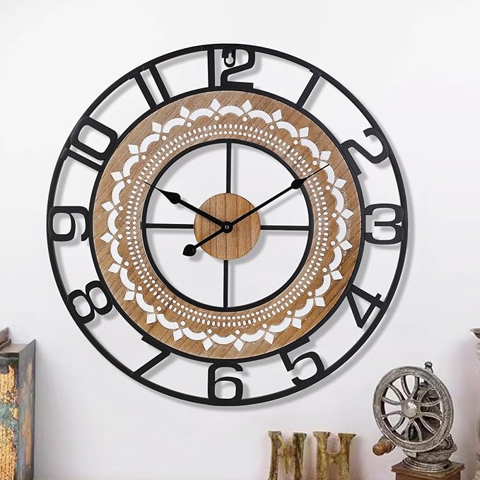 Wall Clocks for Living Room, Bohemian Pattern Clock Silent,Non Ticking,Battery Operated Oversized Vintage Round Modern Clock for Bedroom,Farmhouse,Office Wall Decor-20 Inch
