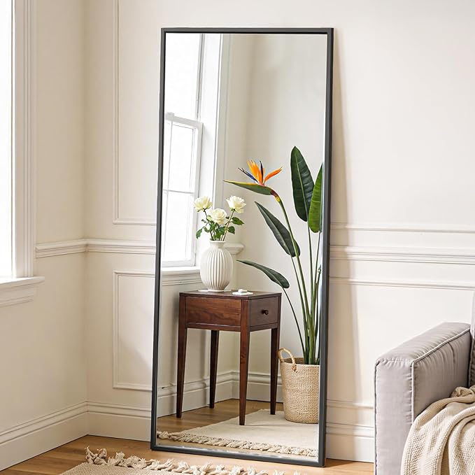 OLIXIS Black Full Length Mirror 60"x16" for Bedroom, Full Body Floor Mirror with Stand, Hanging or Leaning for Wall, Aluminum Alloy Thin Frame Floor Standing for Living Room, Long