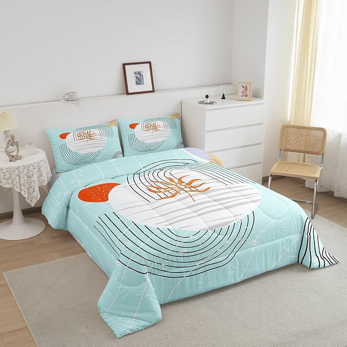 Erosebridal Modern Blue Comforter Set Twin Mid Century Bedding Set, Abstract Artwork Bedding Comforter Sets Black Geometric Lines Duvet, White Aesthetic Circle Quilted Comforter All-Season 2pcs