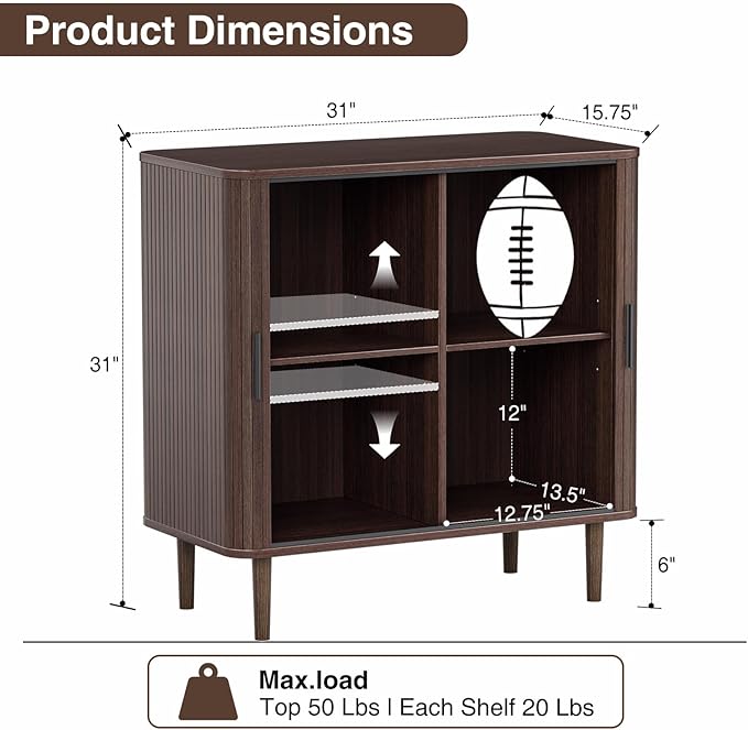 AKMAKM 35" Fluted Accent Buffet Cabinet, Walnut Small Storage Sideboard with Sliding Door, Mid Century Modern Credenza with Solid Wood Leg, Wine Coffee Bar Console Table for Kitchen, Entryway, Living