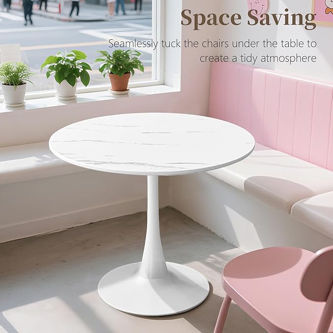 24 Inch Round Dining Table,Mid-Century Tulip Table with Metal Pedestal Base,Modern Leisure Table for Small Space Kitchen Dining Room,Easy Assembly,Marble Finish