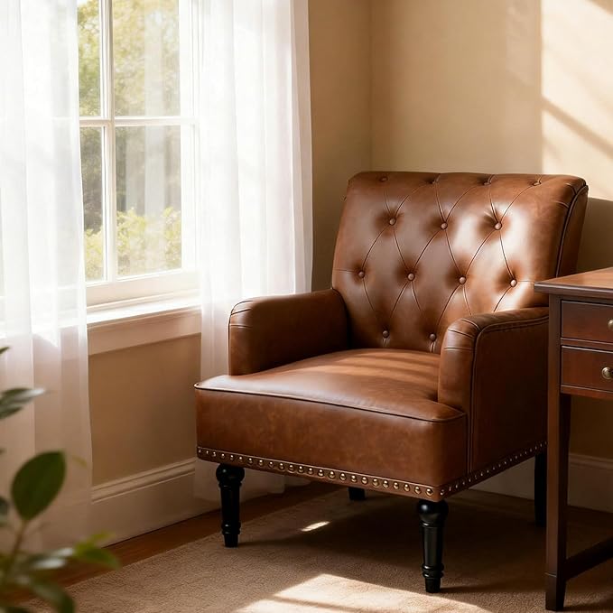 MOJAY Faux Leather Accent Chair, Mid-Century Armchair Living Room Sofa Chair with Rubber Wood Leg, Club Chair with Rivet Trim for Bedroom Reading Room Reception (Brown)