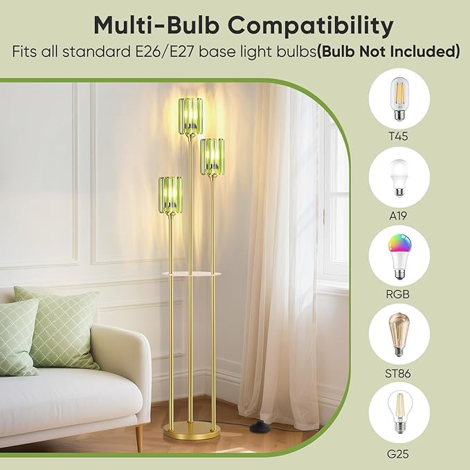 Crystal Floor Lamps for Living Room, Glass Modern Floor Lamp with Shelves, Mid Century Standing Lamps with Table, Brass Tall Lamp with Crystal Shade Vintage Retro Corner Floor Lamp (Green Cystal Gold)