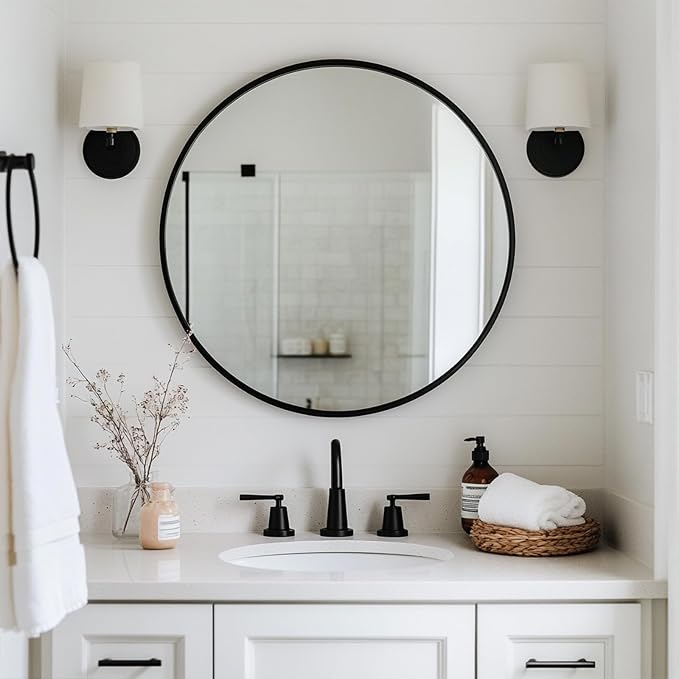 Oruii Black Circle Mirror, 22 inch Round Mirror Metal Frame, Black Bathroom Mirrors for Bedroom, Bathroom, Living Room, Over Sink, Rustic, Vanity