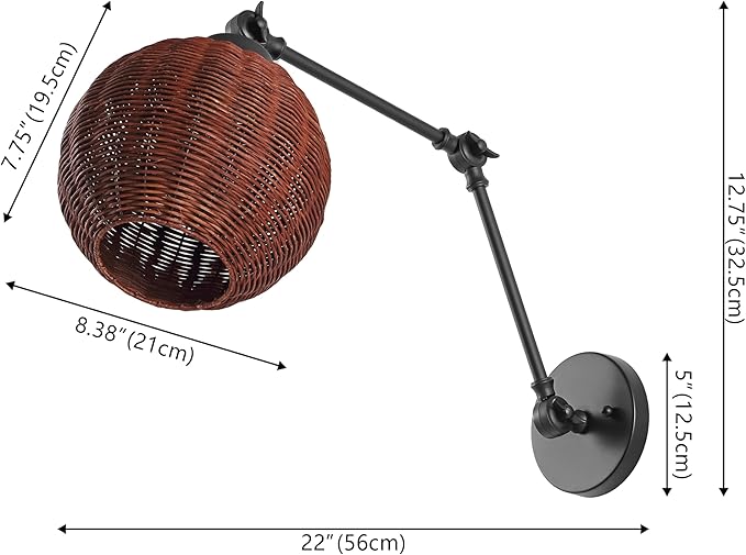 JONATHAN Y 22" Black/Dark Brown 1-Light Rattan and Iron Swing Arm LED Sconce, Mid-Century Vintage Bohemian Globe Wall Lamp, Adjustable Reading Light, LED Bulb Included JYL1604A