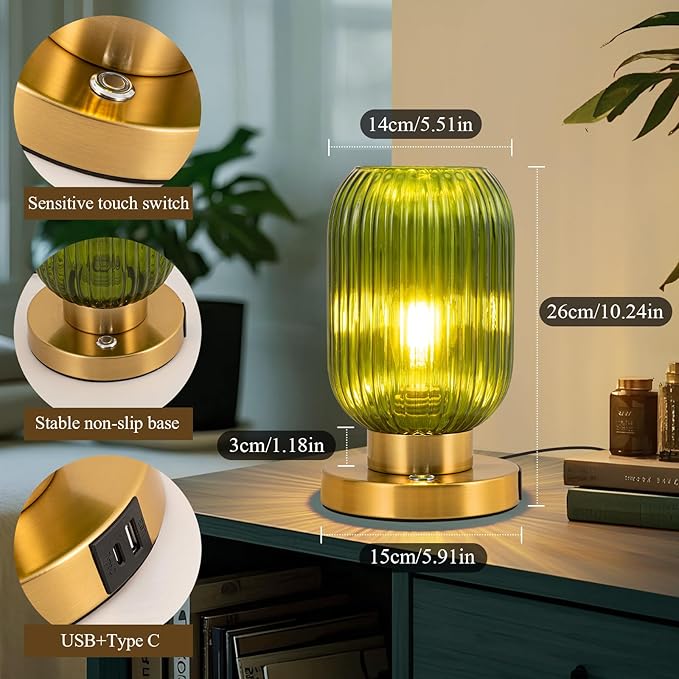 Glass Table Lamp for Living Room, Vintage Bedside Lamp for Bedroom, 3-Way Dimmable Touch Control Nightstand Lamp with USB C+A, Mid Century Modern Green Table Lamp (2700K LED Bulb Included)