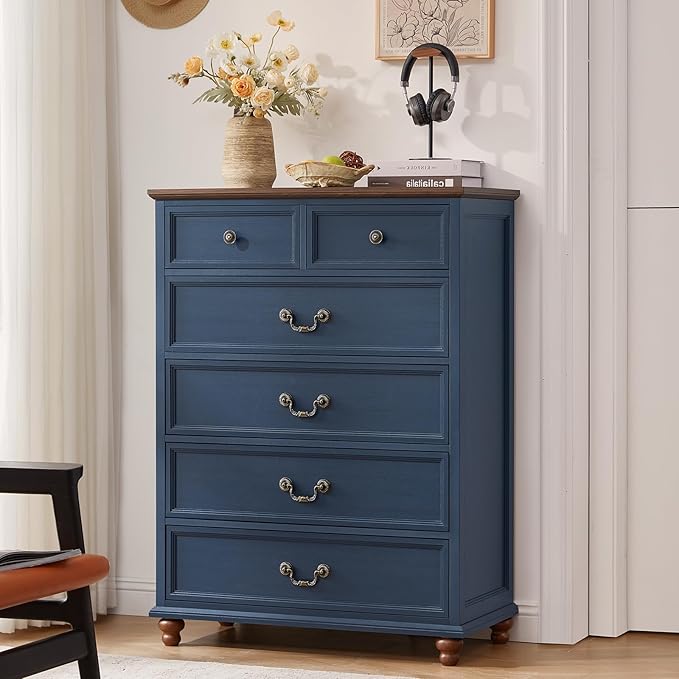 Farmhouse 6 Drawer Dresser for Bedroom, 42" Tall Rustic Chests of Drawers w/ 4 Solid Wood Feet, Mid Century Modern Wooden Closet Storage Dressers Organizer for Living Room, Hallway,Blue