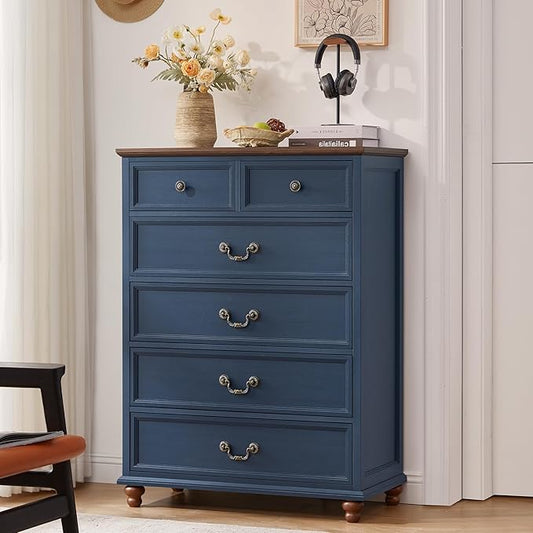 Farmhouse 6 Drawer Dresser for Bedroom, 42" Tall Rustic Chests of Drawers w/ 4 Solid Wood Feet, Mid Century Modern Wooden Closet Storage Dressers Organizer for Living Room, Hallway,Blue