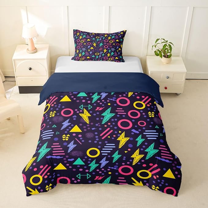 Retro 80s Style Bedding Set Twin,Abstract Geometric Pattern Duvet Cover Urban Modern Design with Circles and Triangle Comforter Cover Colorful Pop Art Inspired Pattern Quilt Cover for Boys Child
