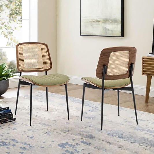 LUNLING Dining Chairs Set of 2 Mid Century Modern Retro Faux Leather Kitchen Chairs with Walnut Bentwood Upholstered Seat Metal Legs Adjustable Foot for Kitchen Dining Room Chairs(LightGreen)