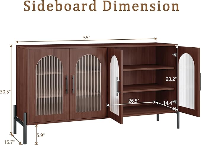 HUAHUU 55" Buffet Cabinet with Storage, Large Sideboard Buffet Cabinet with 4 Doors & 2 Adjustable Shelves, Modern Sideboard Storage Cabinets for Kitchen Living Room Entryway, Walnut