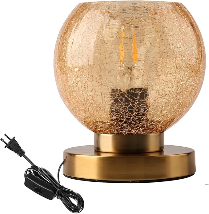 Modern Table Lamps Gold Desk lamp with Amber Crackled Glass Shade Globe Table lamp Art Deco lamp nightstand lamp Small Table lamp for Bedside Bedroom Living Room Office