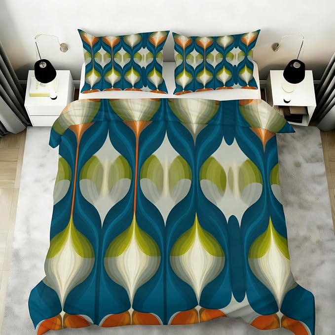 Mid Century Modern Duvet Cover Queen Size, Groovy Abstract Retro Bedding Set 3 Piece, Blue Green Geometric Patterned Comforter Cover with Zipper Soft Microfiber, 2 Pillowcases