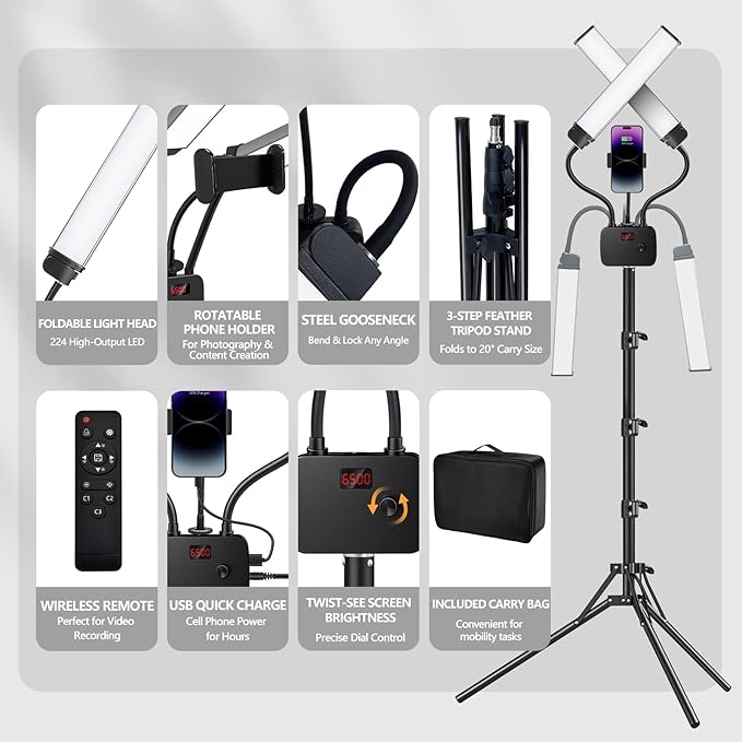 Selfie Light with 75'' Tripod Stand, Dimmable 3 Color LED Dual Arms Ring Light with Phone Holder & Carry Bag for Lash Tattoo Video Photography 45W 95CRI Tripod Floor Lamp