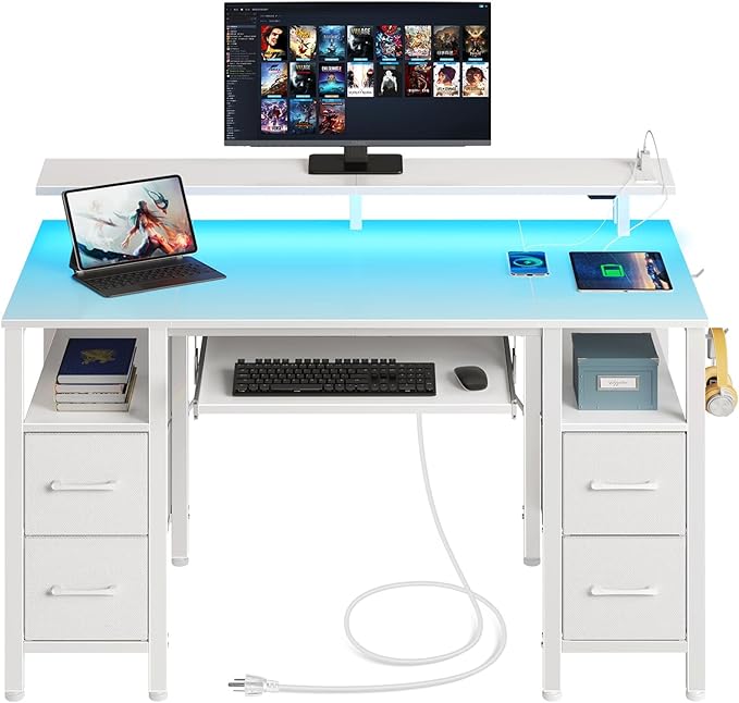 Seventable Computer Desk 55.1" with LED Lights & Power Outlets, Home Office Desk with 4 Drawers, Writing Desk with Keyboard Tray, Study Table with Monitor Stand, Work for Home Office, White