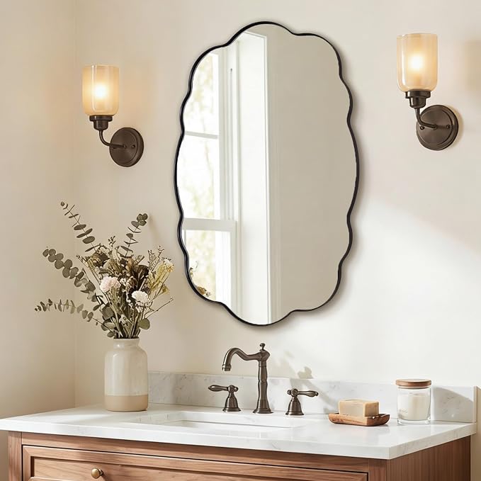 ANDY STAR Black Wavy Oval Mirrors for Bathroom, 24x40 Inch Wavy Scalloped Wall Mirror, Anti Rust Stainless Steel Metal Frame, Wall Mount Horizontal or Vertical