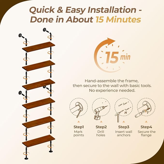6 Tier Industrial Ladder Shelf Bookcase, Wall Mounted Rustic Bookshelf for Living Room Decor and Storage (Walnut Color, 6 Tier - 10" D x 36" W x 82.5" H)