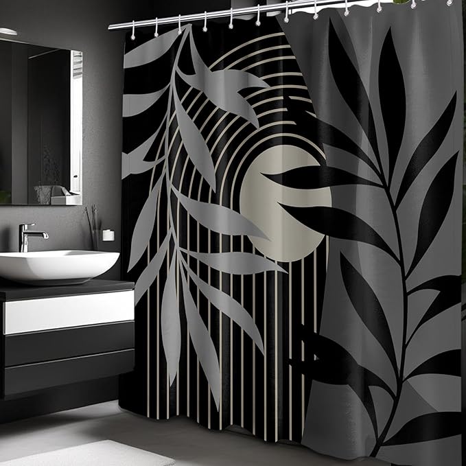Boho Black and Grey Shower Curtain, Mid Century Modern Black and Gray Shower Curtains for Bathroom, Waterproof Fabric Set with Hooks, 70" W x 72" L