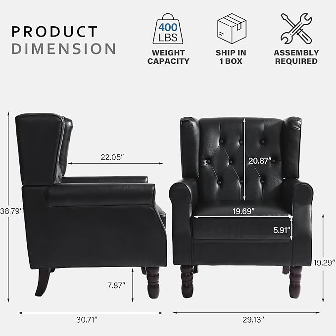Faux Leather Accent Chairs Set of 2, High Back Upholstered Chair with Button Tufted, Mid-Century Modern Comfy Wingback Chair Reading Armchair for Living Room for Bedroom, Office-P Black