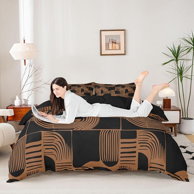 Erosebridal Mid Century Boys Duvet Cover Toddler Size Bohemian Ethnic Bedding Set 2 Piece Boho Geometric Comforter Cover Modern Simple Black Stripes Bed Sets for Kids Teens Adult Men Bedroom Decor