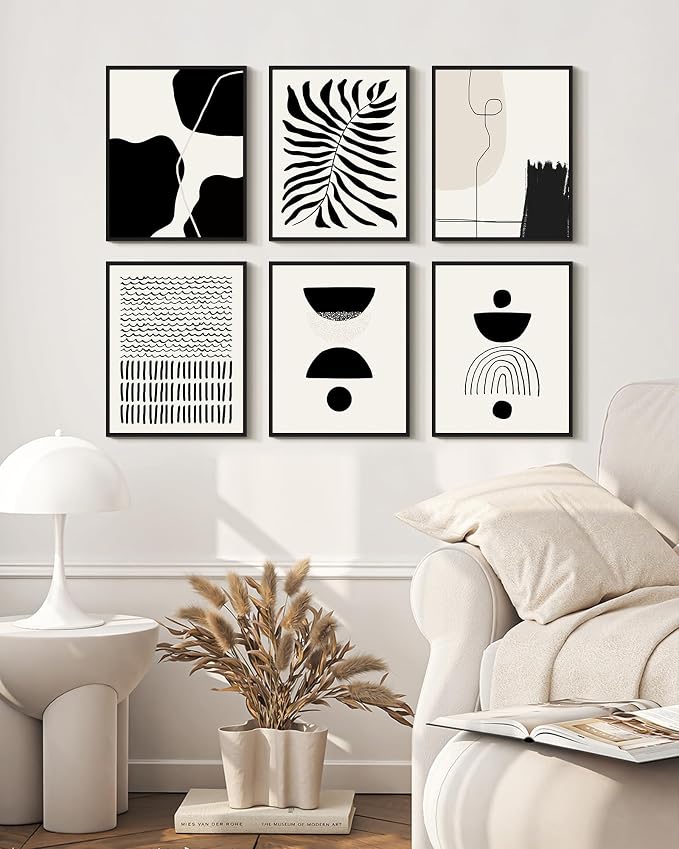 KUVIOKE Black Abstract Framed Wall Art Boho Room Decor Set of 6 Minimalist Geometric Line Art Bohemian Mid Century Modern Prints for Bedroom Living Room 11x14in (Black Framed)