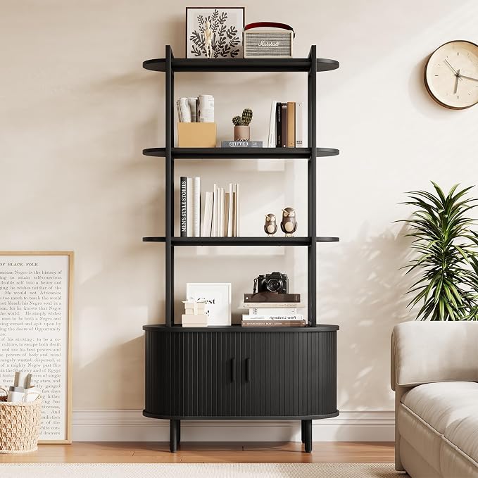 4 Tier Tall Bookshelf with Cabinet, Fluted Bookcase with Sliding Door, Metal and Wood Display Shelf, Free Standing Storage Shelving Unit, Corner Storage Organizer for Living Room, Home Office, Black