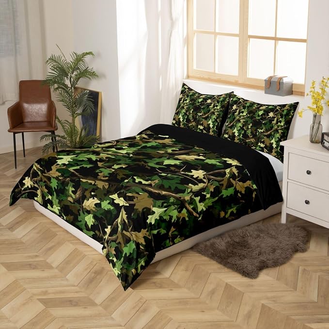 Erosebridal Tree Branches Duvet Cover Set Natural Green Wild Branch Queen Bedding Sets for Teenage Boys | Camo Tree Tropical Jungle Comforter Cover Hunting Farmhouse Bed Sets, Room Decor Aesthetic