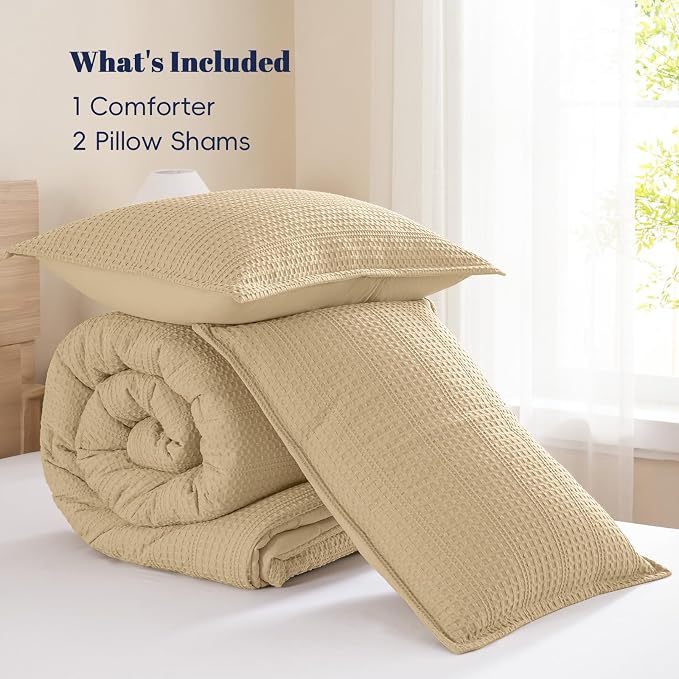 PHF Soft Waffle Comforter Set Queen Size- Comfy Breathable Waffle Weave Comforter with 2 Pillow Shams, 3 Pieces Less Snagging Lightweight Textured Bedding Set for All Season, Light Khaki
