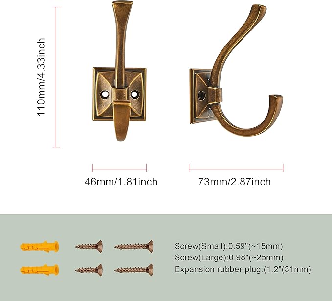 TUNNY 5 Pack Antique Design Wall Hanging Coat Hooks - Antique Brass Coat Hooks Towel Hook for Entry Shoe Cabinet, Wardrobe Bathroom Bedroom Furniture Hardware