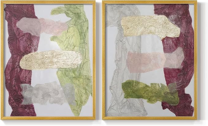 Renditions Gallery Set of 2 Peel & Stick Framed Prints, Abstract Wall Art, Mix Color Dyed Textures Wall Decor, Re-Stickable - Ready to Hang - 22"x28" - GOLD Frame LT588
