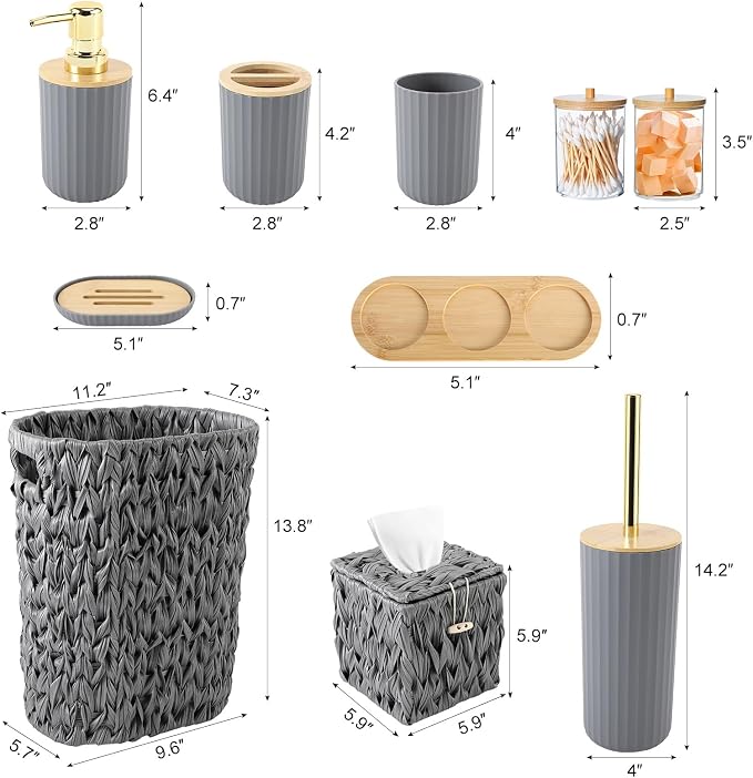 Bathroom Accessory Set, 10 Pieces Bath Set- Wicker Trash Can Tissue Box Soap Dish Toothbrush Holder Rinse Cup Lotion Bottle Toilet Brush Qtip Holder - Practical Bathroom Decor Sets (Grey, Bath Set)