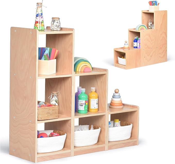 Modular 3-Piece Cube Storage Cabinet, L-Shaped Reversible Ladder Corner Bookshelf with 6+ Cubes, 4-Tier Wooden Freestanding Organizer for Kids Room & Home Office, Natural
