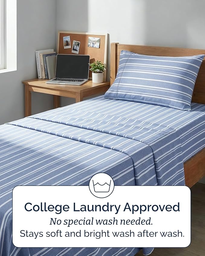 Twin XL Size 3 Piece Sheet Set - Comfy Breathable & Cooling Sheets - Hotel Luxury Bed Sheets for Women & Men - Deep Pockets, Easy-Fit, Soft & Wrinkle Free Sheets - Blue Stripes Oeko-Tex Bed Sheet Set