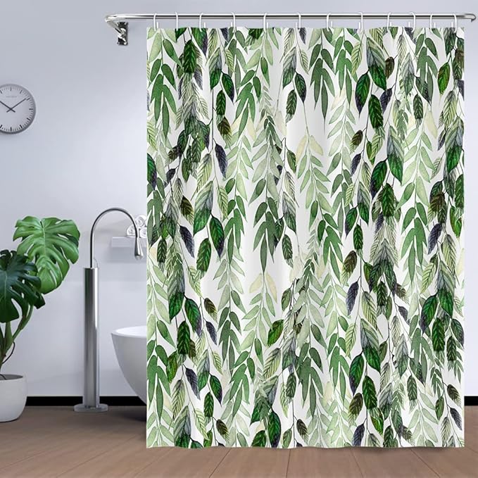 Tropical Leaves Shower Curtain Lush Green Plant Leaf Botanical Pattern Shower Curtain Set with 12 Hooks 72 x 78 inch Waterproof Fabric Polyester Nature Bathroom Decorative