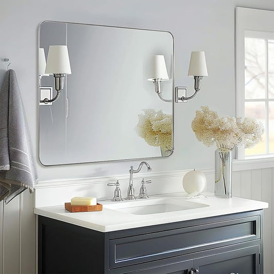 ANDY STAR 30”x40”Brushed Nickel Mirror for Bathroom, Rounded Rectangle Bathroom Mirror, Modern Metal Mirror in Premium Stainless Steel Frame, 1”Deep Set Design Hangs Horizontal Or Vertical