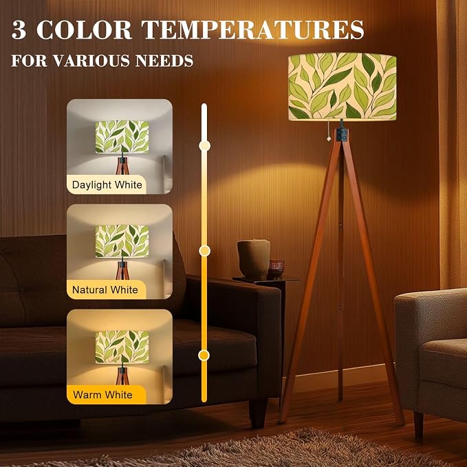 Wood Tripod Floor Lamp Green leaves seamless pattern Watercolor tea leaf textured jungle Mid Century Standing Lamp Linen Shade Dimmable Modern Tall lamp Home Decor for Living Room Bedroom Office